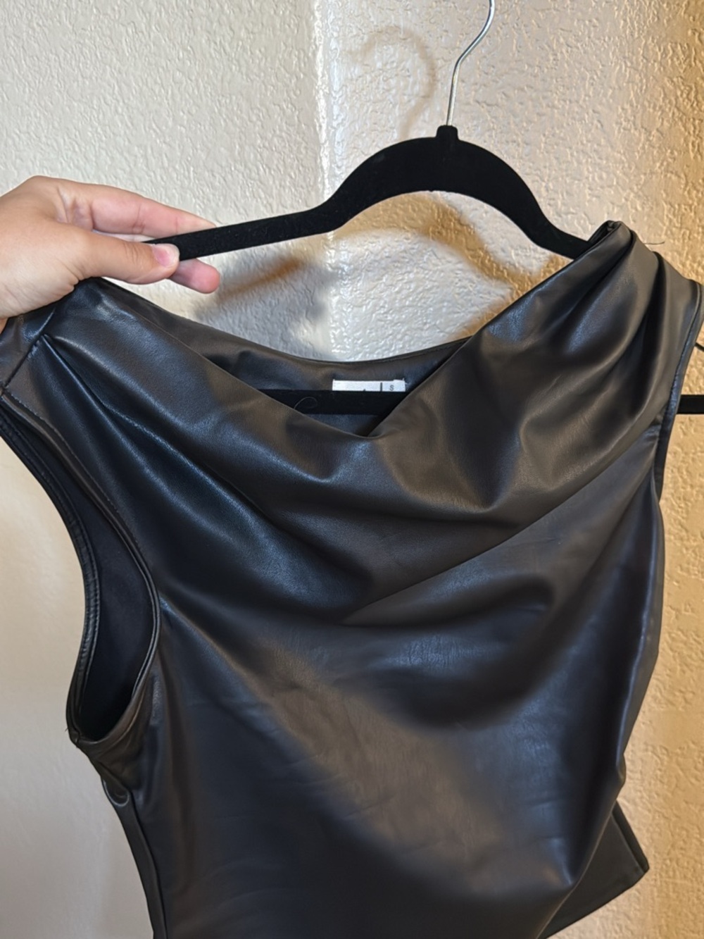 Sleeveless Black Faux Leather Cowl Neck top
